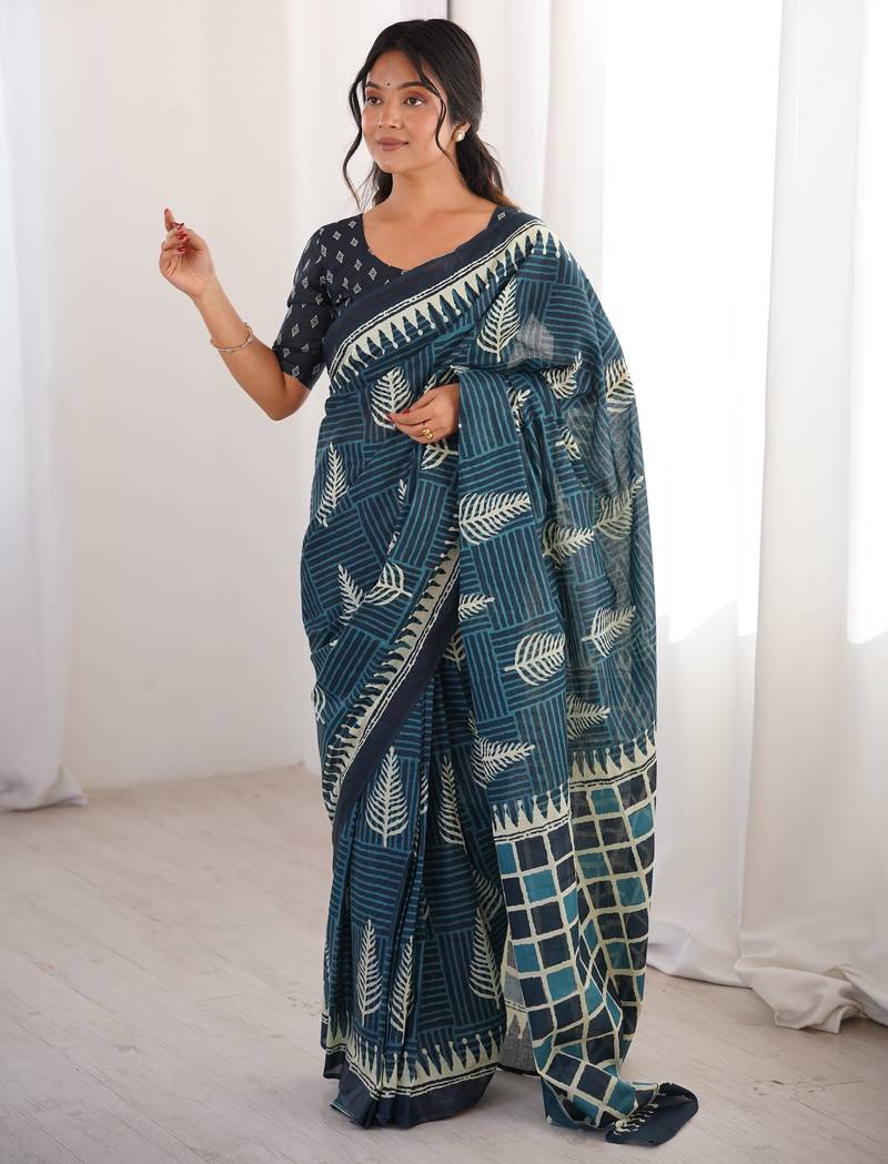 Teal blue blocked printed, floral print, geometric print soft pure cotton saree with blouse.