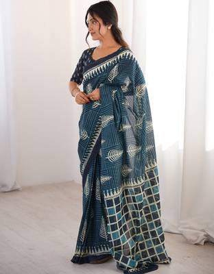 Teal blue blocked printed, floral print, geometric print soft pure cotton saree with blouse. 2
