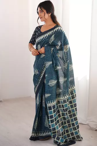 Teal blue blocked printed, floral print, geometric print soft pure cotton saree with blouse.