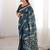 Teal blue blocked printed, floral print, geometric print soft pure cotton saree with blouse.