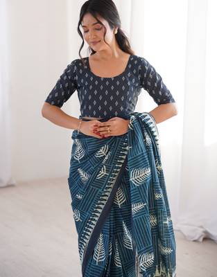 Teal blue blocked printed, floral print, geometric print soft pure cotton saree with blouse. 4