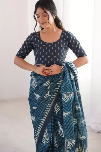 Teal blue blocked printed, floral print, geometric print soft pure cotton saree with blouse.