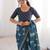 Teal blue blocked printed, floral print, geometric print soft pure cotton saree with blouse.