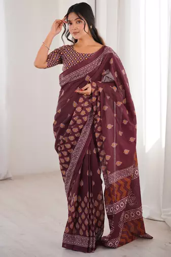 Maroon blocked printed, floral print soft pure cotton saree with blouse.