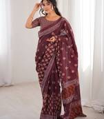 Maroon blocked printed, floral print soft pure cotton saree with blouse.