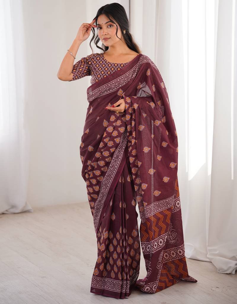 Maroon blocked printed, floral print soft pure cotton saree with blouse.