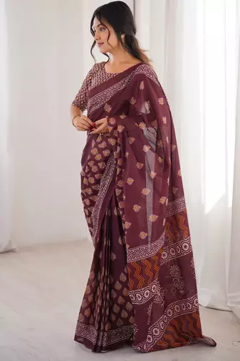 Maroon blocked printed, floral print soft pure cotton saree with blouse.