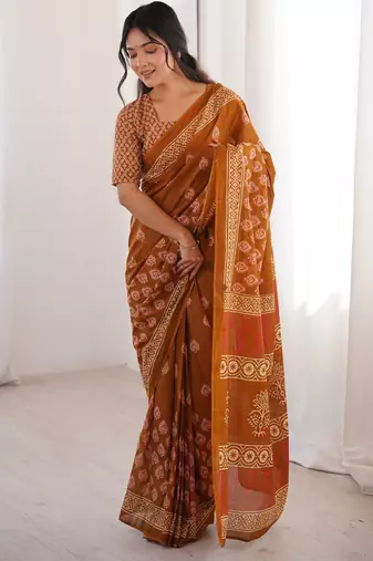 Mustard blocked printed, floral print soft pure cotton saree with blouse.