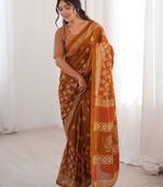 Mustard blocked printed, floral print soft pure cotton saree with blouse.