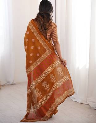 Mustard blocked printed, floral print soft pure cotton saree with blouse. 4