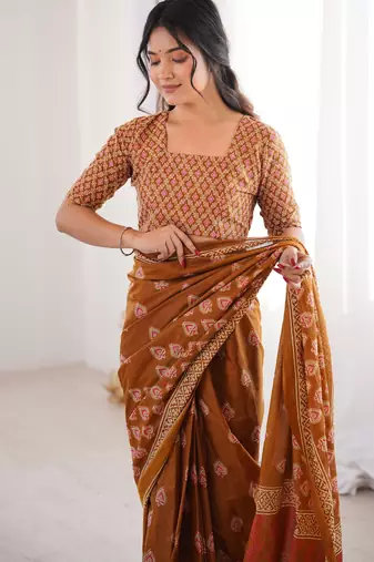 Mustard blocked printed, floral print soft pure cotton saree with blouse.
