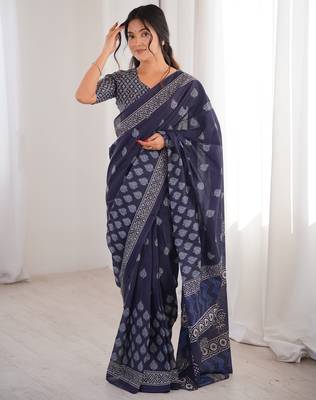 Navy blue blocked printed, floral print soft pure cotton saree with blouse. 1