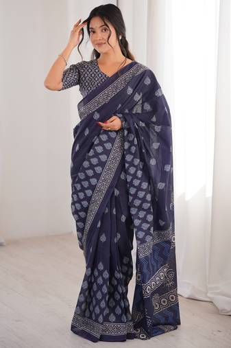Navy blue blocked printed, floral print soft pure cotton saree with blouse.