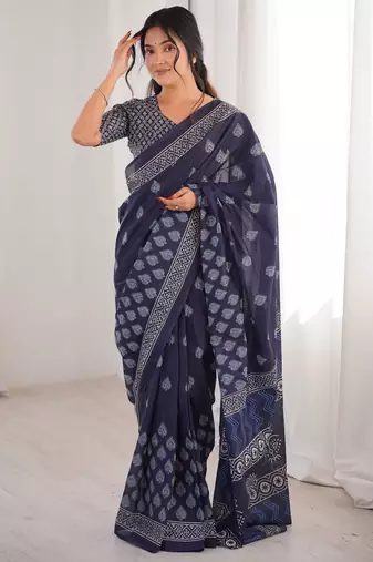 Navy blue blocked printed, floral print soft pure cotton saree with blouse.