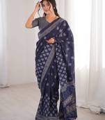 Navy blue blocked printed, floral print soft pure cotton saree with blouse.