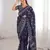 Navy blue blocked printed, floral print soft pure cotton saree with blouse.