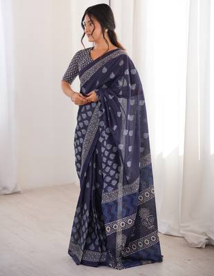 Navy blue blocked printed, floral print soft pure cotton saree with blouse. 2
