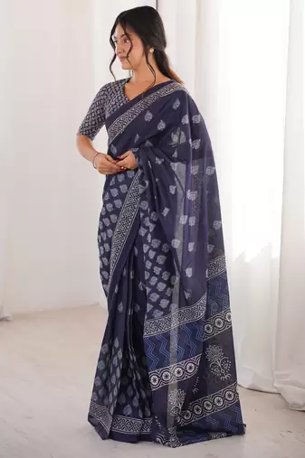 Navy blue blocked printed, floral print soft pure cotton saree with blouse.