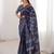 Navy blue blocked printed, floral print soft pure cotton saree with blouse.