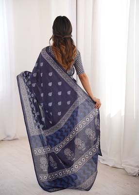 Navy blue blocked printed, floral print soft pure cotton saree with blouse. 3