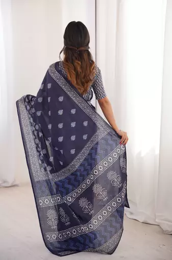 Navy blue blocked printed, floral print soft pure cotton saree with blouse.