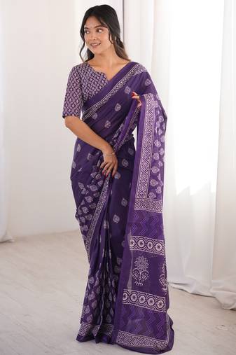 Purple blocked printed, floral print soft pure cotton saree with blouse.