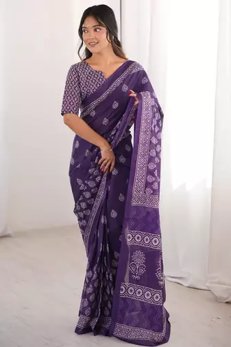 Purple blocked printed, floral print soft pure cotton saree with blouse.