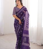 Purple blocked printed, floral print soft pure cotton saree with blouse.