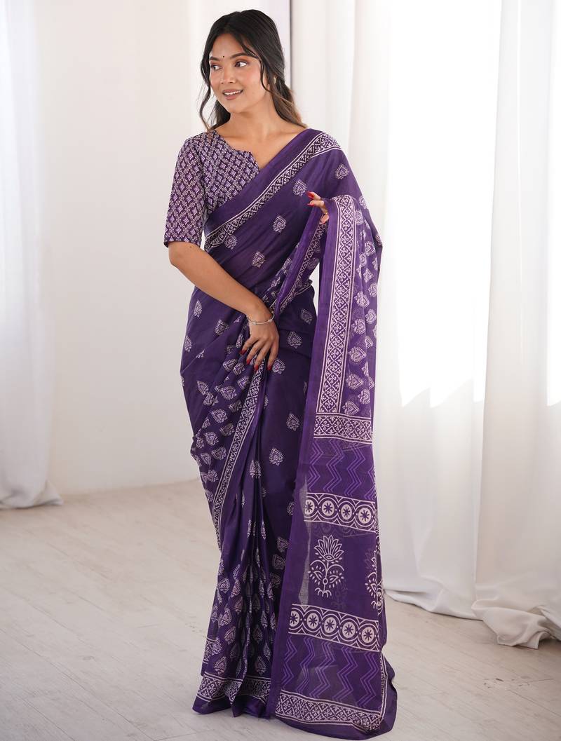 Purple blocked printed, floral print soft pure cotton saree with blouse.