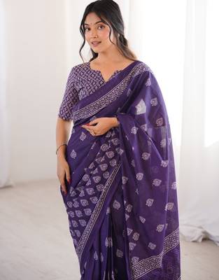 Purple blocked printed, floral print soft pure cotton saree with blouse. 2