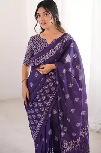 Purple blocked printed, floral print soft pure cotton saree with blouse.