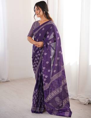 Purple blocked printed, floral print soft pure cotton saree with blouse. 3