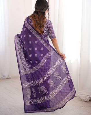 Purple blocked printed, floral print soft pure cotton saree with blouse. 4