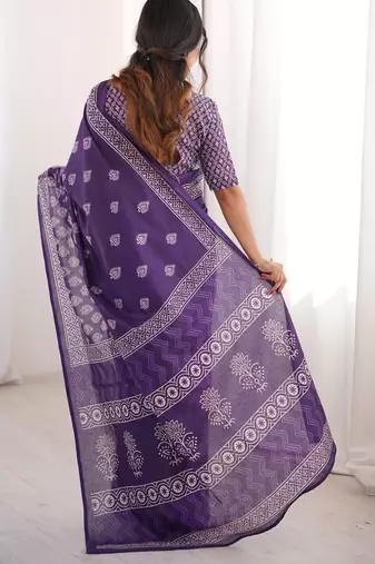 Purple blocked printed, floral print soft pure cotton saree with blouse.