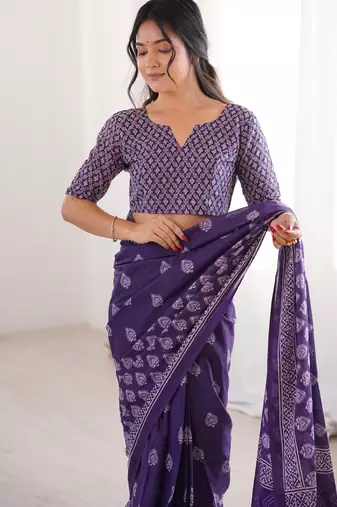 Purple blocked printed, floral print soft pure cotton saree with blouse.