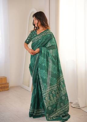 Green blocked printed, floral print soft pure cotton saree with blouse. 2