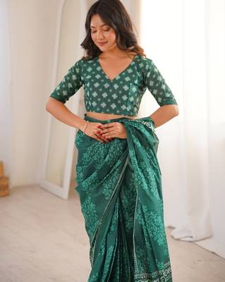 Green blocked printed, floral print soft pure cotton saree with blouse. 4