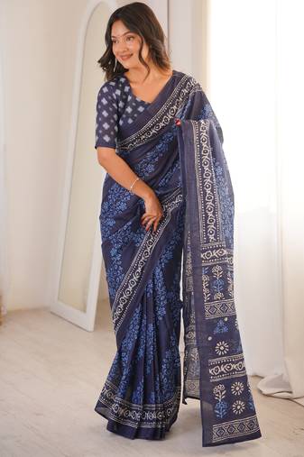 Navy blue blocked printed, floral print soft pure cotton saree with blouse.