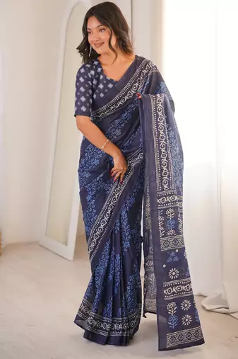 Navy blue blocked printed, floral print soft pure cotton saree with blouse.
