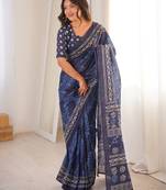 Navy blue blocked printed, floral print soft pure cotton saree with blouse.