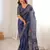 Navy blue blocked printed, floral print soft pure cotton saree with blouse.
