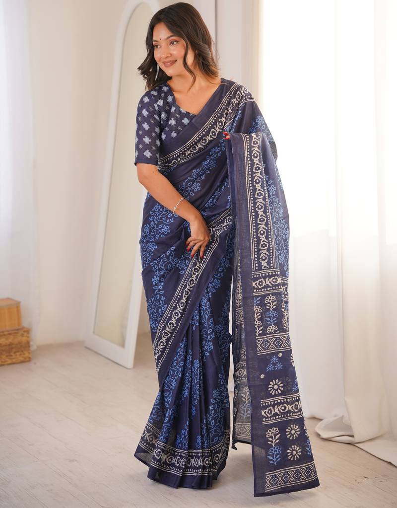 Navy blue blocked printed, floral print soft pure cotton saree with blouse.