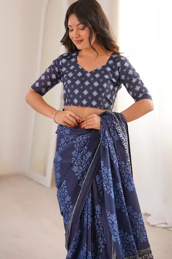 Navy blue blocked printed, floral print soft pure cotton saree with blouse.