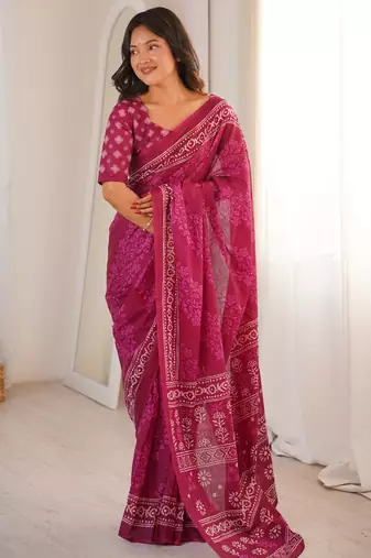 Pink blocked printed, floral print soft pure cotton saree with blouse.