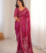 Pink blocked printed, floral print soft pure cotton saree with blouse.