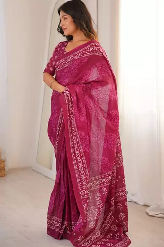 Pink blocked printed, floral print soft pure cotton saree with blouse.