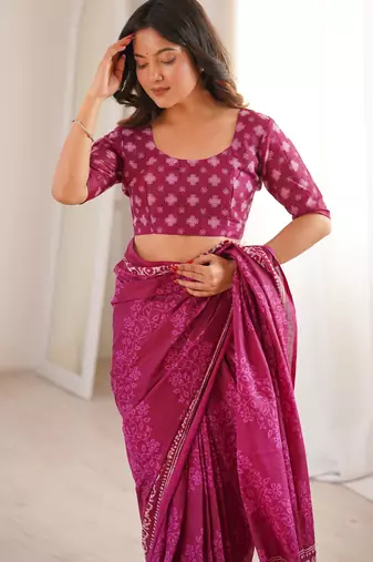 Pink blocked printed, floral print soft pure cotton saree with blouse.