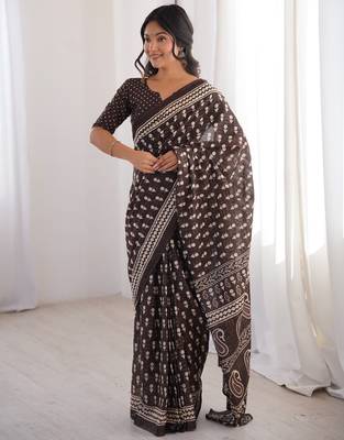 Brown blocked printed, floral print, paisley soft pure cotton saree with blouse. 1
