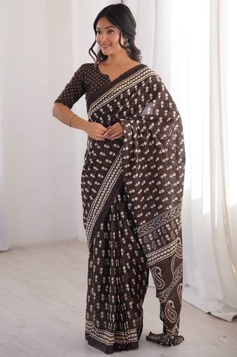 Brown blocked printed, floral print, paisley soft pure cotton saree with blouse.