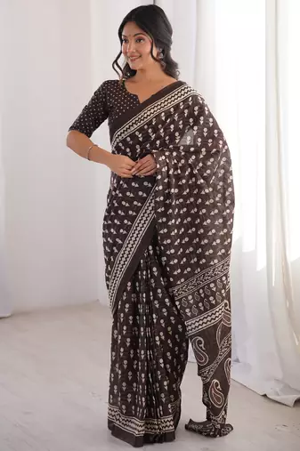 Brown blocked printed, floral print, paisley soft pure cotton saree with blouse.